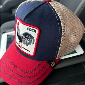 Goorin Bros Navy and Red Rooster Patch Trucker Hat